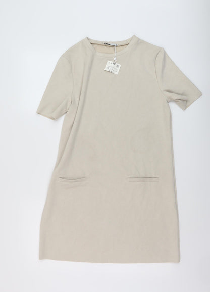 Zara Womens Beige Polyester A-Line Size M Round Neck Pullover