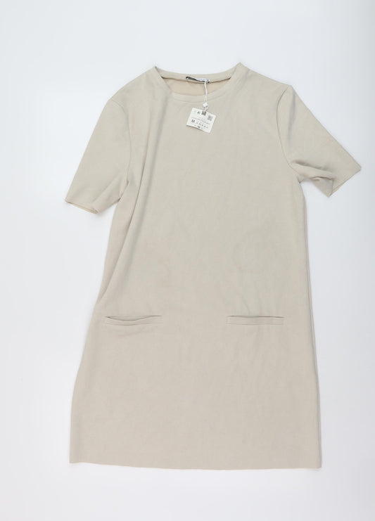 Zara Womens Beige Polyester A-Line Size M Round Neck Pullover