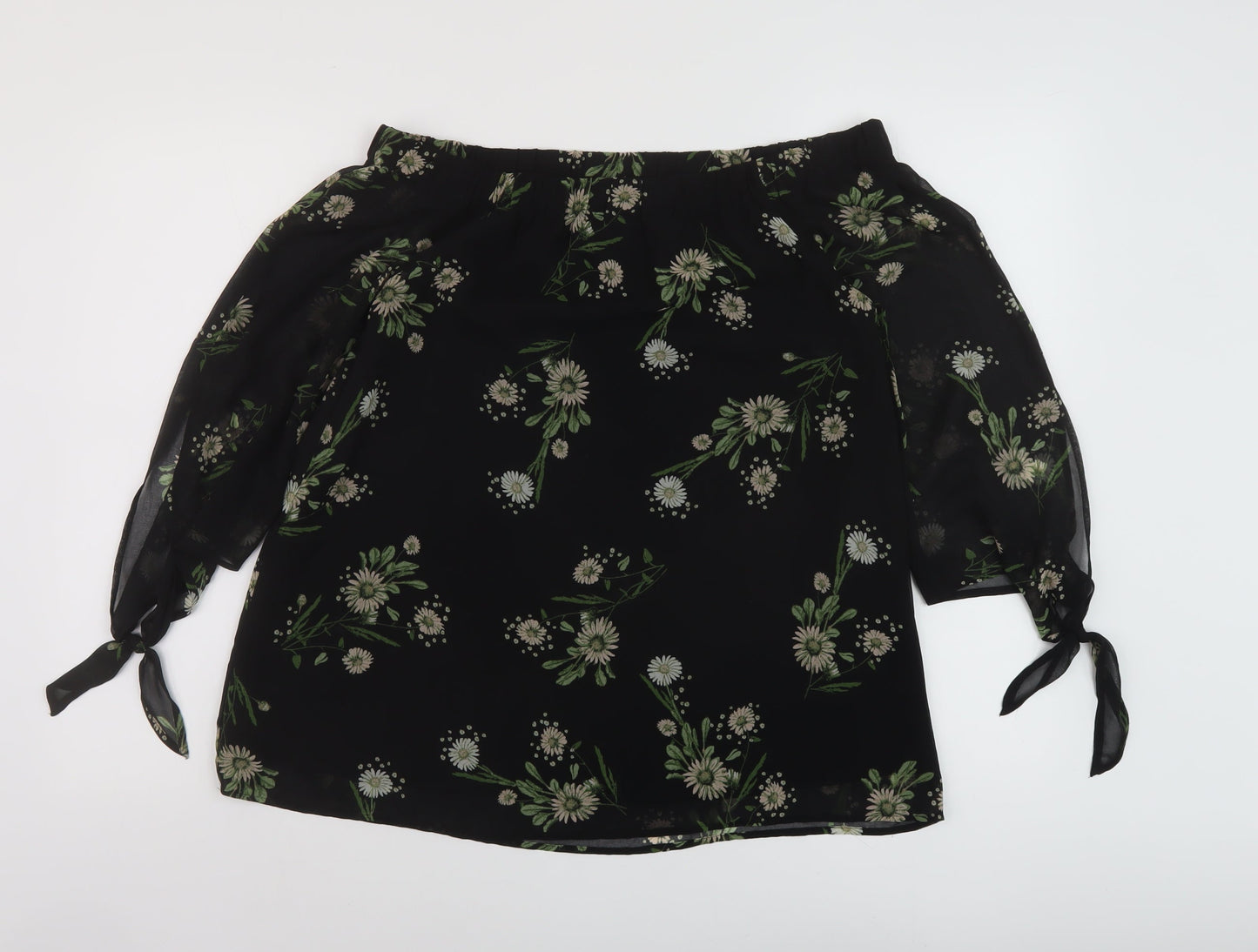 Marks and Spencer Womens Black Floral Polyester Basic Blouse Size 10 Square Neck