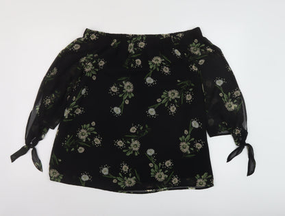 Marks and Spencer Womens Black Floral Polyester Basic Blouse Size 10 Square Neck