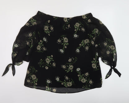Marks and Spencer Womens Black Floral Polyester Basic Blouse Size 10 Square Neck