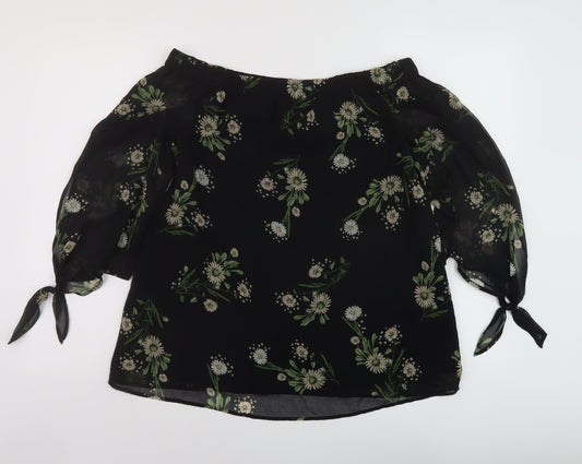 Marks and Spencer Womens Black Floral Polyester Basic Blouse Size 10 Square Neck