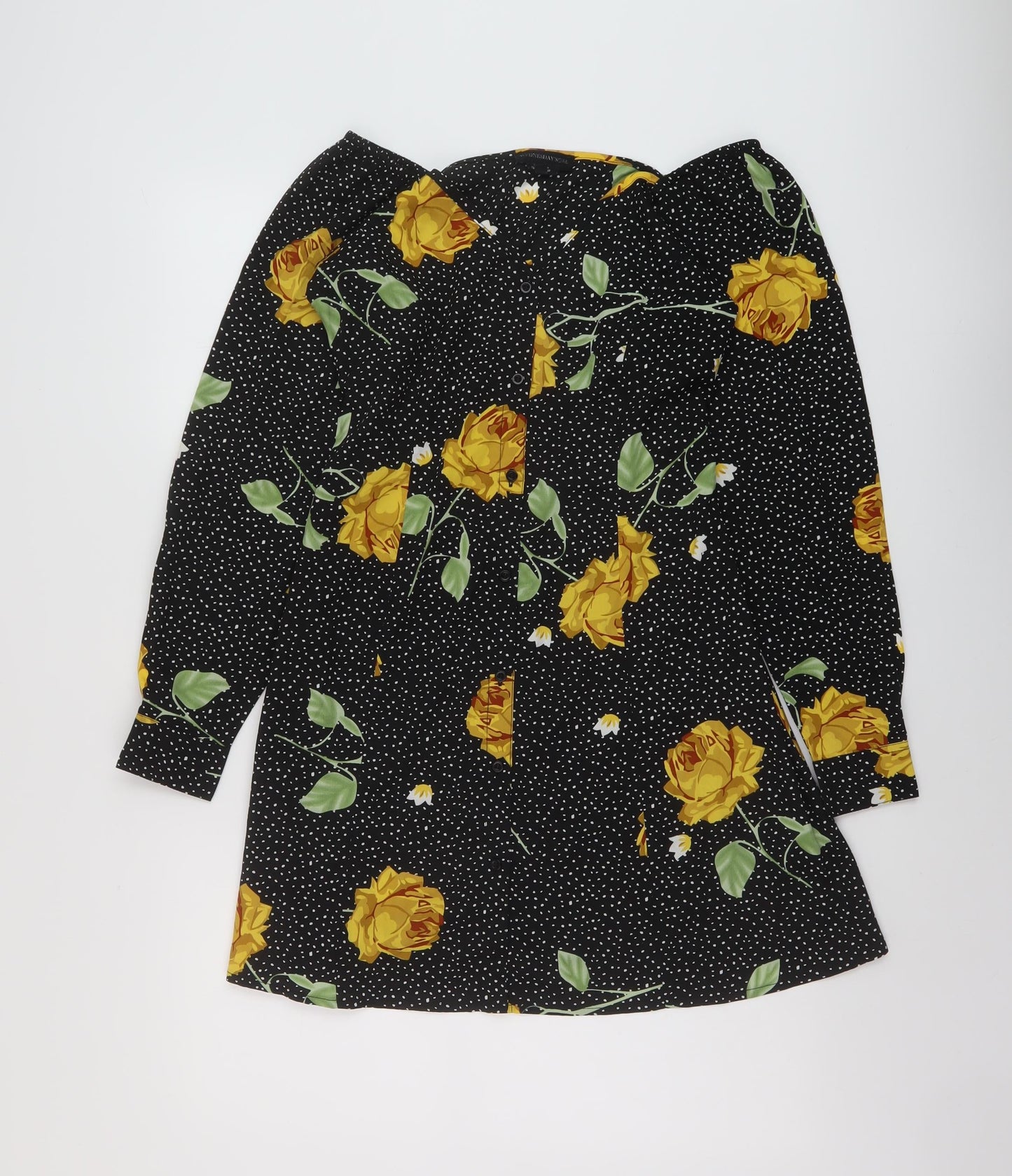 Wednesday's Girl Womens Black Floral Polyester A-Line Size XS V-Neck Button