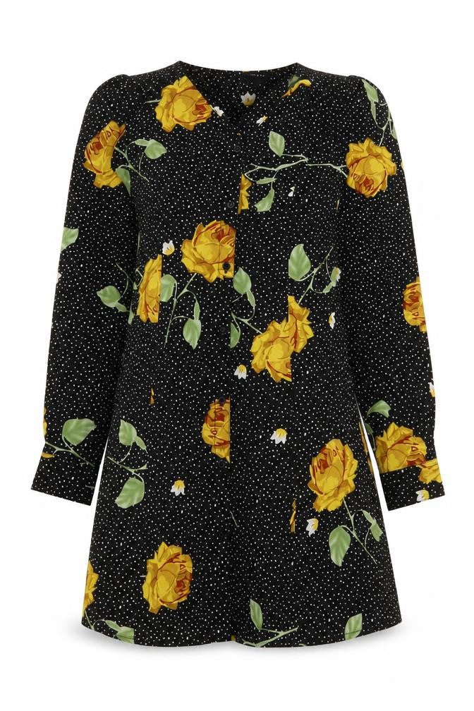 Wednesday's Girl Womens Black Floral Polyester A-Line Size XS V-Neck Button