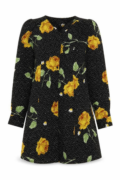 Wednesday's Girl Womens Black Floral Polyester A-Line Size XS V-Neck Button