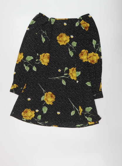 Wednesday's Girl Womens Black Floral Polyester A-Line Size XS V-Neck Button