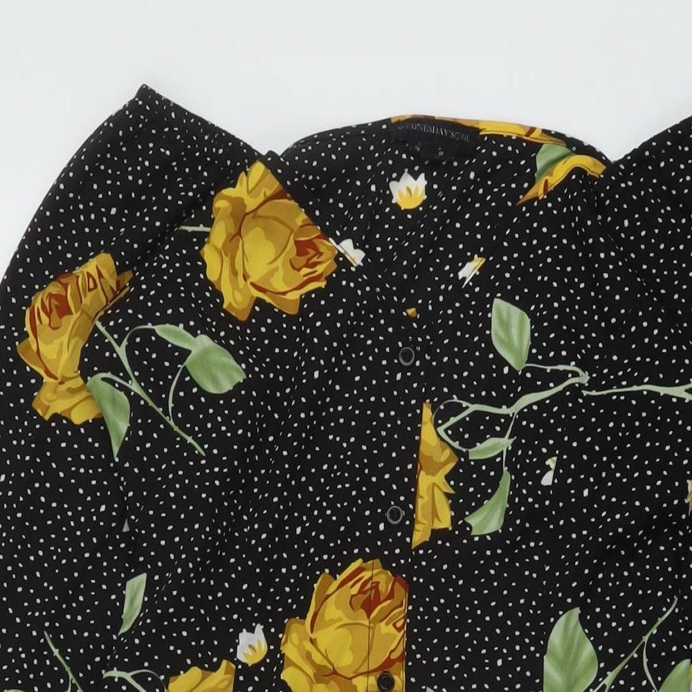 Wednesday's Girl Womens Black Floral Polyester A-Line Size XS V-Neck Button