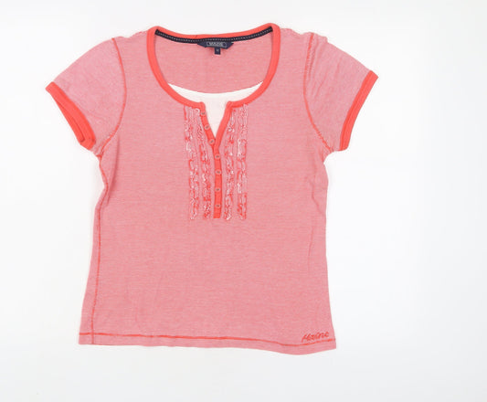 Maine Womens Red Striped Cotton Basic T-Shirt Size 12 Crew Neck - Embroidered, Buttons