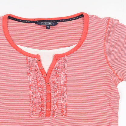 Maine Womens Red Striped Cotton Basic T-Shirt Size 12 Crew Neck - Embroidered, Buttons