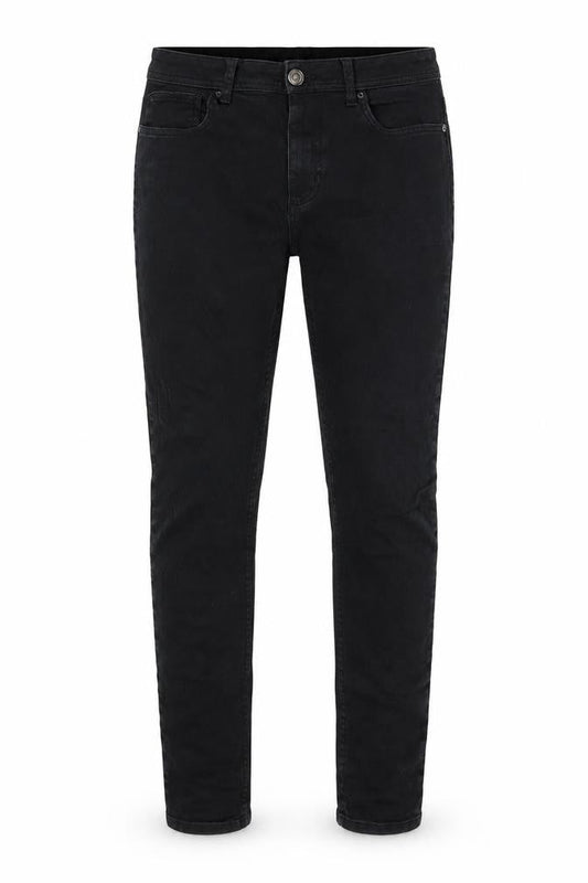Front view of Denim & Co. men’s black cotton blend skinny jeans, size 34, in, 31-inch leg regular zip