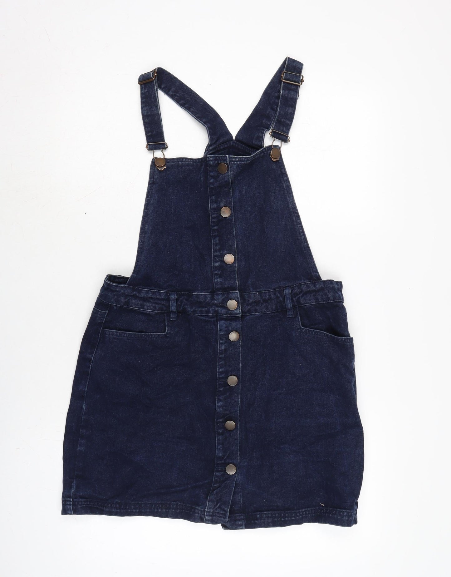 NEXT Womens Blue Cotton Pinafore/Dungaree Dress Size 12 Square Neck Snap - Adjustable Straps