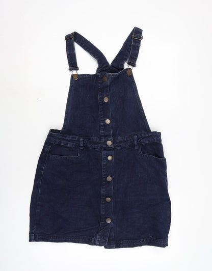NEXT Womens Blue Cotton Pinafore/Dungaree Dress Size 12 Square Neck Snap - Adjustable Straps