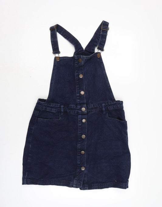 NEXT Womens Blue Cotton Pinafore/Dungaree Dress Size 12 Square Neck Snap - Adjustable Straps