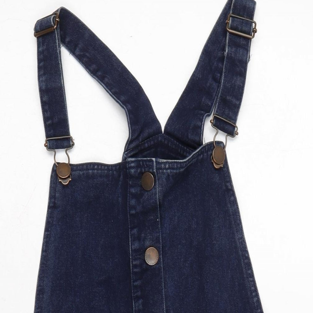NEXT Womens Blue Cotton Pinafore/Dungaree Dress Size 12 Square Neck Snap - Adjustable Straps