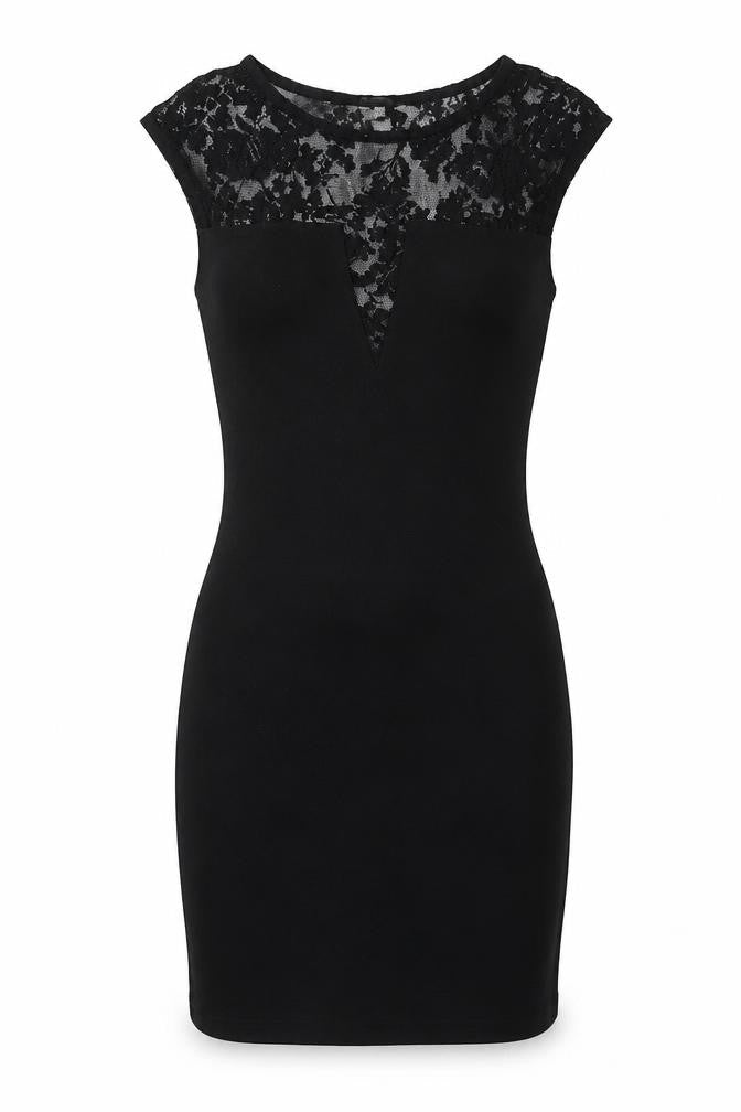 River Island Womens Black Cotton Pencil Dress Size 8 Round Neck - Lace Detail