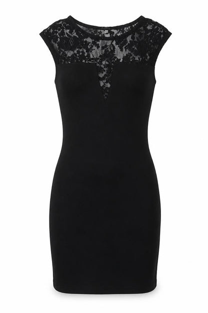 River Island Womens Black Cotton Pencil Dress Size 8 Round Neck - Lace Detail