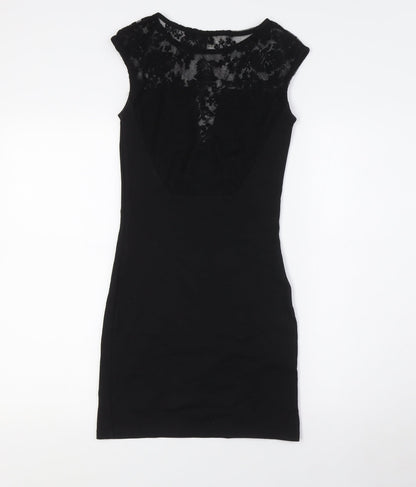 River Island Womens Black Cotton Pencil Dress Size 8 Round Neck - Lace Detail