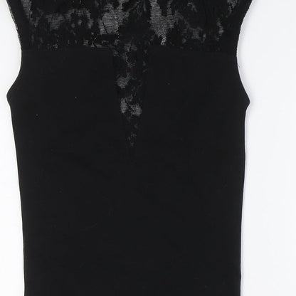 River Island Womens Black Cotton Pencil Dress Size 8 Round Neck - Lace Detail