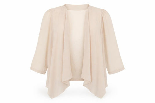 Front view of Miss Selfridge women’s beige v-neck polyester cardigan jumper, size UK 12, - sheer