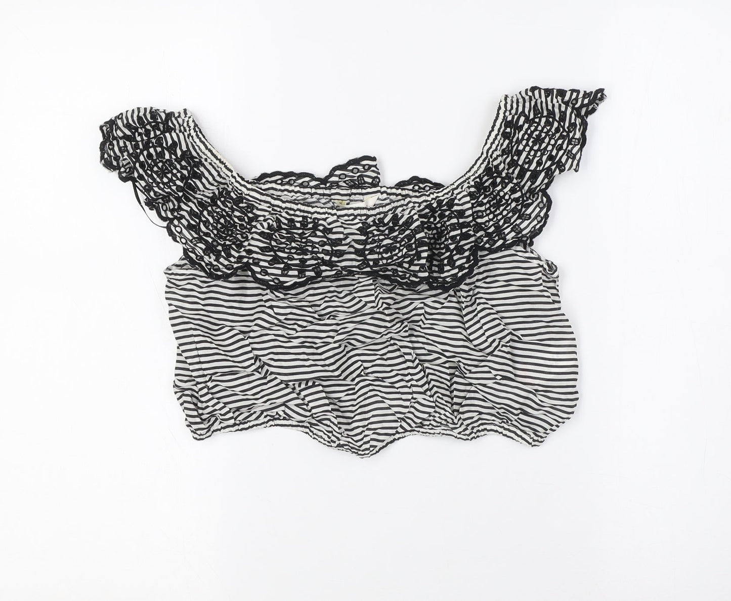 Miss Selfridge Womens Black Striped Polyester Cropped Blouse Size 12 Off the Shoulder - Embellished Collar