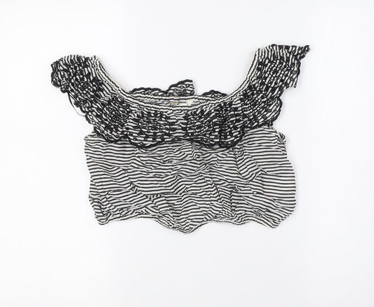 Miss Selfridge Womens Black Striped Polyester Cropped Blouse Size 12 Off the Shoulder - Embellished Collar