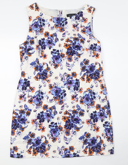 New Look Womens Multicoloured Floral Cotton Pencil Dress Size 16 Boat Neck Zip