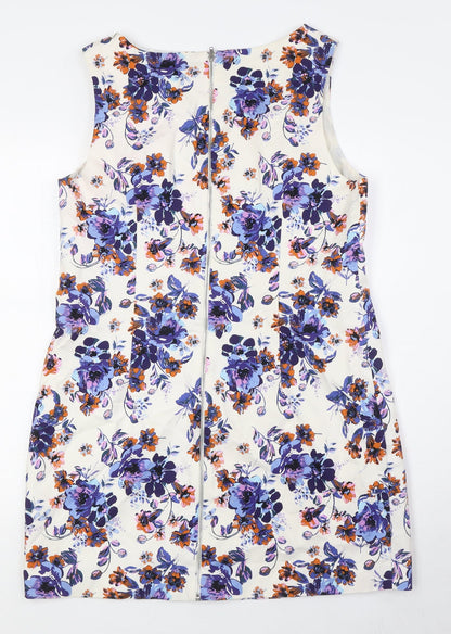 New Look Womens Multicoloured Floral Cotton Pencil Dress Size 16 Boat Neck Zip