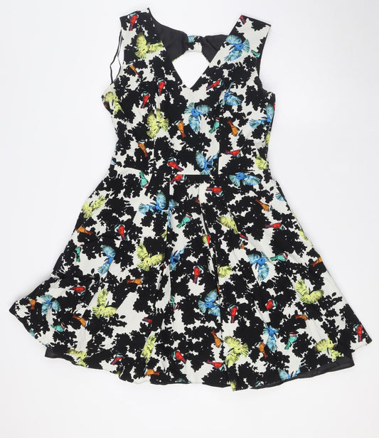 Additional front view of Red Herring women’s multicoloured floral cotton a-line, size UK 12, round neck zip - bow back detail