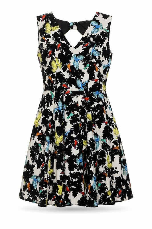 Front view of Red Herring women’s multicoloured floral cotton a-line, size UK 12, round neck zip - bow back detail