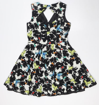 Red Herring Womens Multicoloured Floral Cotton A-Line Size 12 Round Neck Zip - Bow Back Detail