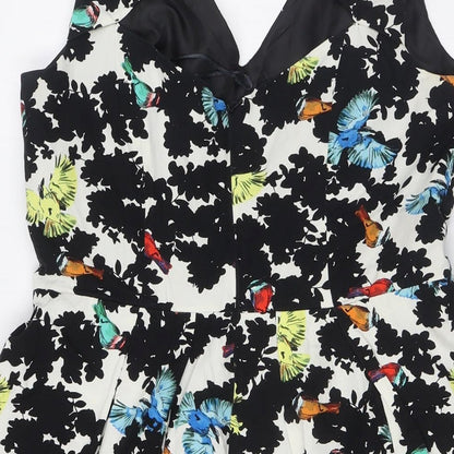 Red Herring Womens Multicoloured Floral Cotton A-Line Size 12 Round Neck Zip - Bow Back Detail