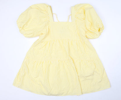 Nasty Gal Womens Yellow Striped Polyester A-Line Size 10 Square Neck Tie - Puff Ball Sleeves, Tiered