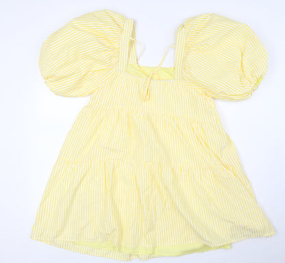 Nasty Gal Womens Yellow Striped Polyester A-Line Size 10 Square Neck Tie - Puff Ball Sleeves, Tiered