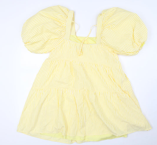 Nasty Gal Womens Yellow Striped Polyester A-Line Size 10 Square Neck Tie - Puff Ball Sleeves, Tiered