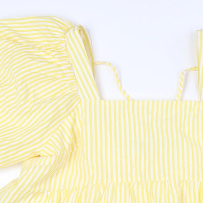 Nasty Gal Womens Yellow Striped Polyester A-Line Size 10 Square Neck Tie - Puff Ball Sleeves, Tiered