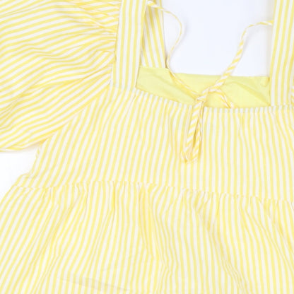 Nasty Gal Womens Yellow Striped Polyester A-Line Size 10 Square Neck Tie - Puff Ball Sleeves, Tiered