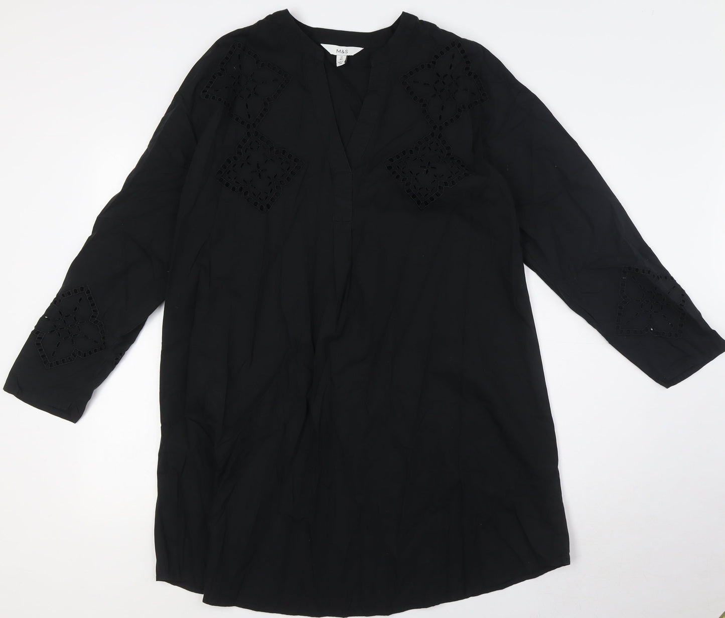 Marks and Spencer Womens Black Cotton Shirt Dress Size 10 V-Neck