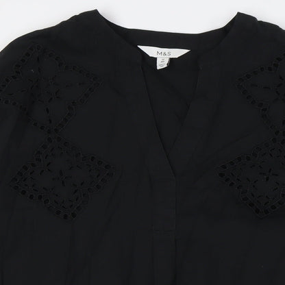 Marks and Spencer Womens Black Cotton Shirt Dress Size 10 V-Neck