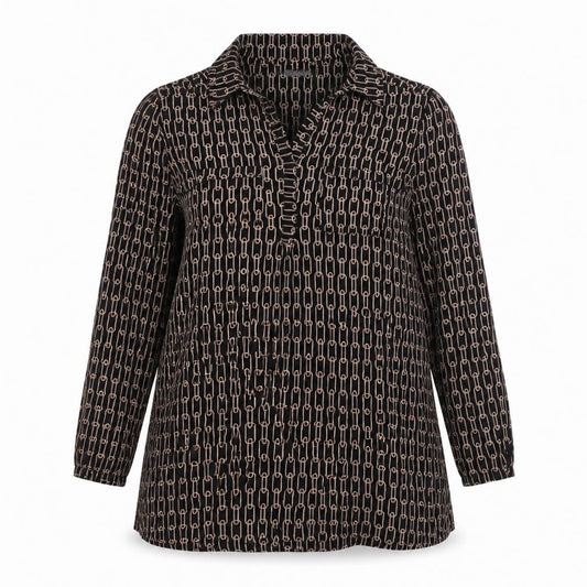 Front view of Principles women’s black polyester tunic blouse, size UK 14, v-neck