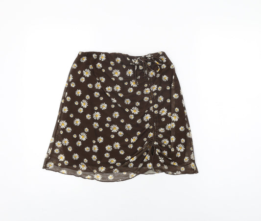 Pull&Bear Womens Brown Floral Cotton Mini Skirt Size M Drawstring