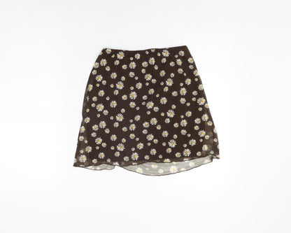 Pull&Bear Womens Brown Floral Cotton Mini Skirt Size M Drawstring