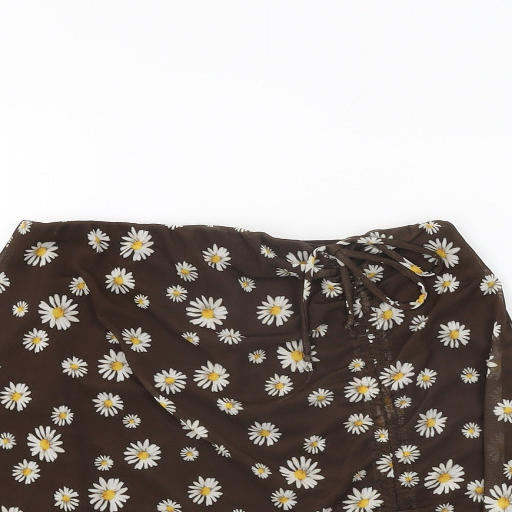 Pull&Bear Womens Brown Floral Cotton Mini Skirt Size M Drawstring