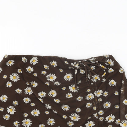 Pull&Bear Womens Brown Floral Cotton Mini Skirt Size M Drawstring