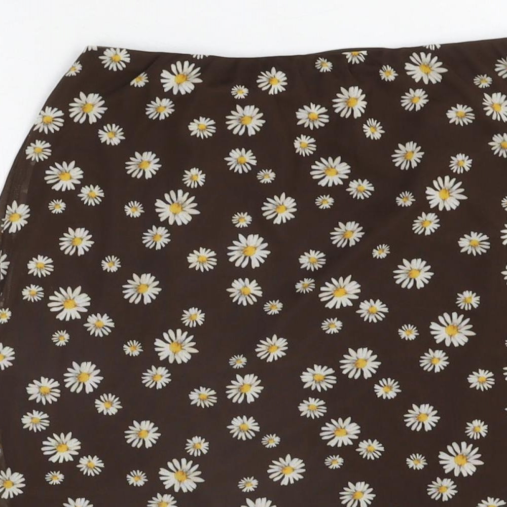 Pull&Bear Womens Brown Floral Cotton Mini Skirt Size M Drawstring