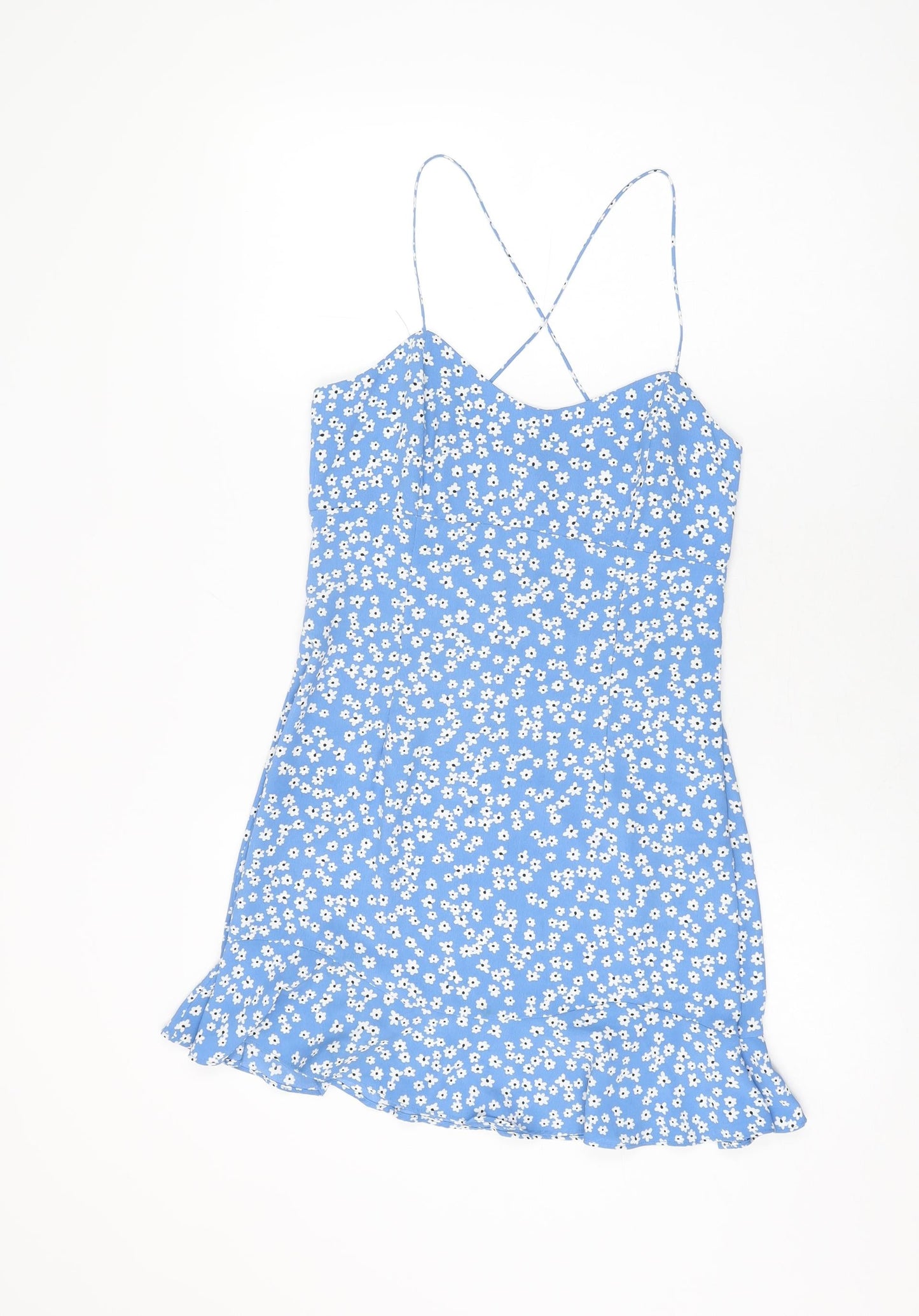 Zara Womens Blue Floral Polyester Mini Size M V-Neck Zip