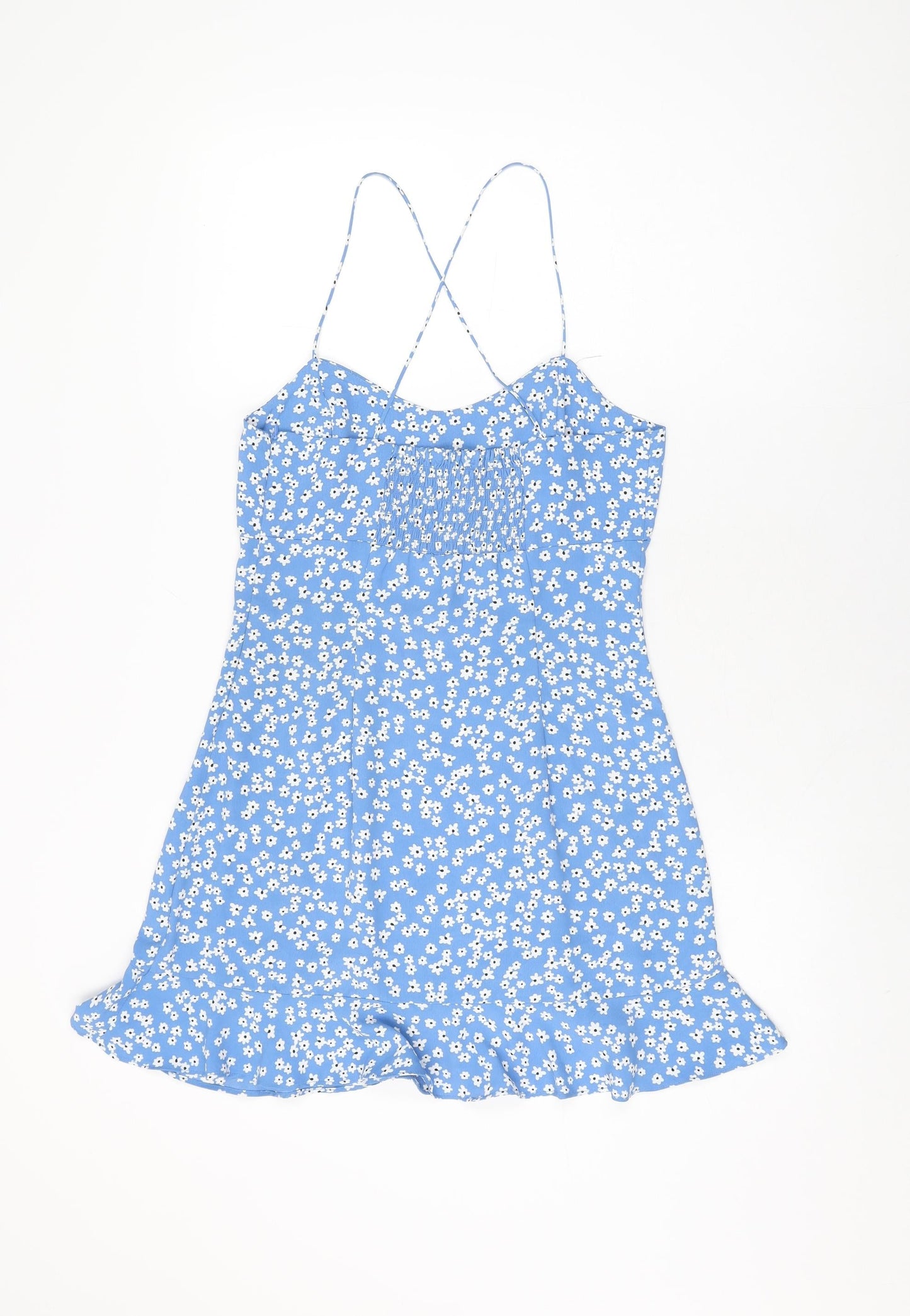 Zara Womens Blue Floral Polyester Mini Size M V-Neck Zip