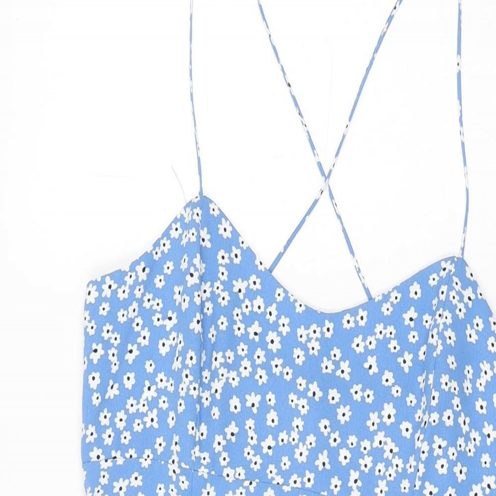 Zara Womens Blue Floral Polyester Mini Size M V-Neck Zip