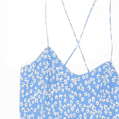 Zara Womens Blue Floral Polyester Mini Size M V-Neck Zip