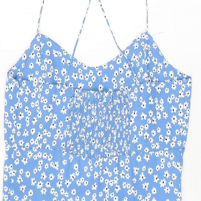 Zara Womens Blue Floral Polyester Mini Size M V-Neck Zip