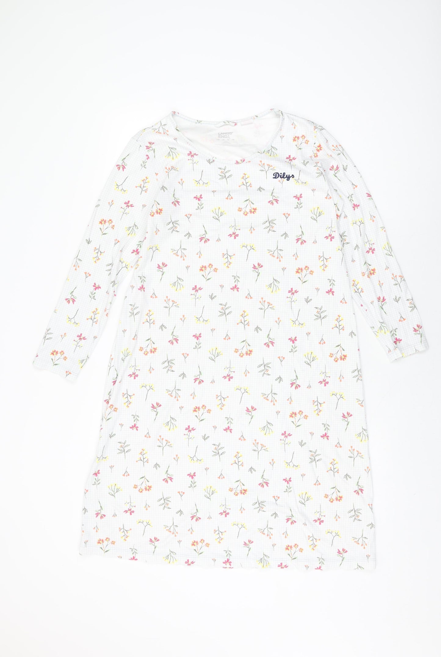 Lands' End Womens White Floral Cotton Shift Size S Round Neck Pullover